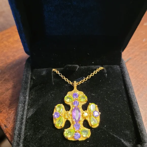 Gold Plated Multi Stone Cross Pendant Necklace 925 Sterling 10" Chain - Picture 3 of 3